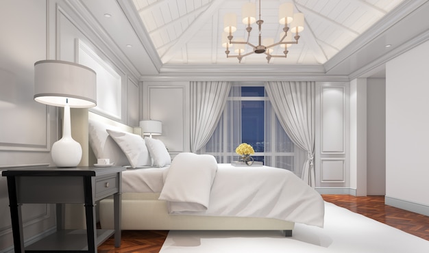 realistyczna jasna nowoczesna sypialnia dwuosobowa z meblami