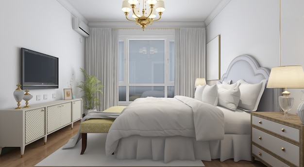 realistyczna jasna nowoczesna sypialnia dwuosobowa z meblami
