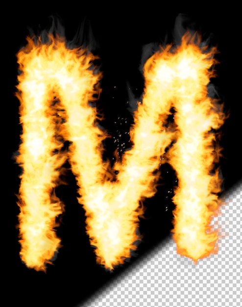 Realistyczna litera M wykonana z ognia na przezroczystym tle