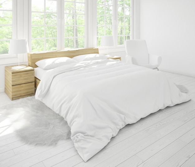 Bezpłatny plik PSD realistyczna makieta jasnej sypialni dwuosobowej