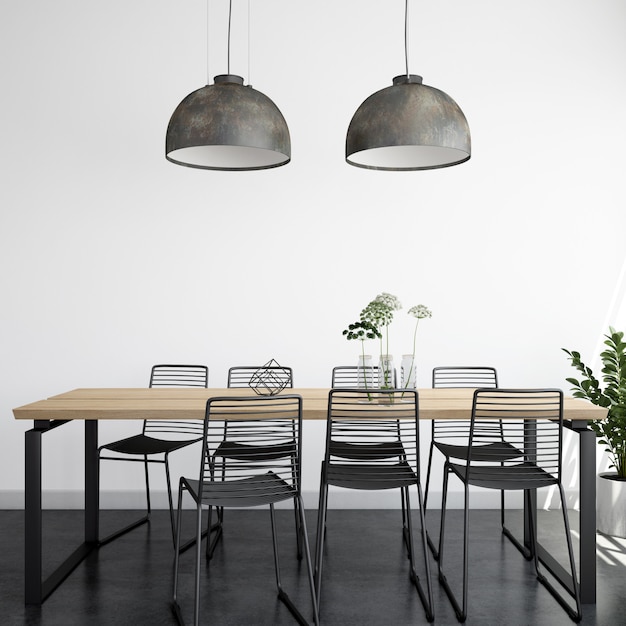 Bezpłatny plik PSD realistyczna nowoczesna jasna jadalnia z drewnianym stołem i krzesłami