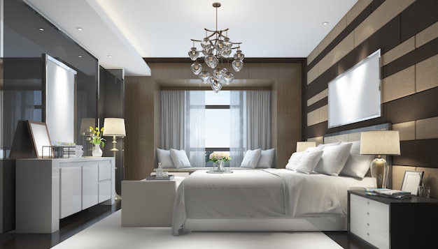 realistyczna nowoczesna sypialnia dwuosobowa z meblami i ramą