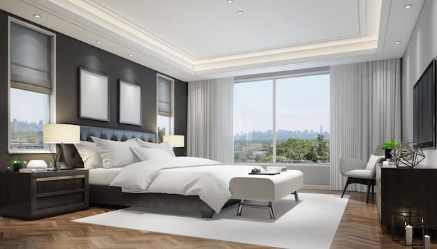 Realistyczna nowoczesna sypialnia dwuosobowa z meblami i ramą