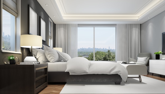 realistyczna nowoczesna sypialnia dwuosobowa z meblami i ramą