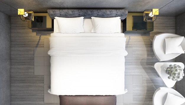 realistyczna nowoczesna sypialnia dwuosobowa z meblami w widoku z góry
