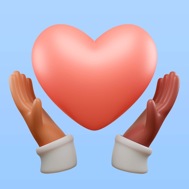 Ręce trzymające ikonę symbolu serca w renderowaniu 3d