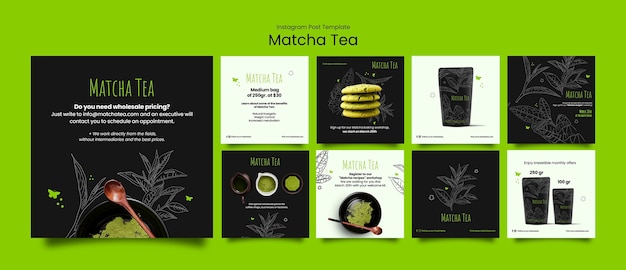 Bezpłatny plik PSD ręcznie narysowane posty na instagramie o herbacie matcha