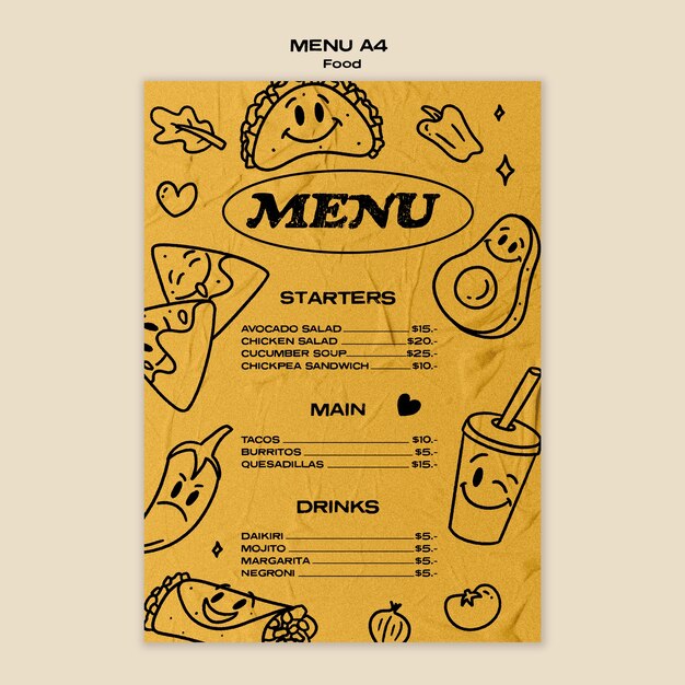 Ręcznie rysowane menu pyszne meksykańskie jedzenie