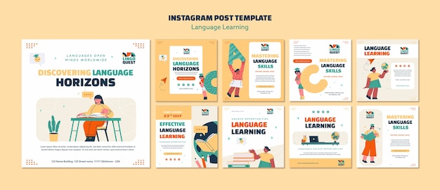 Bezpłatny plik PSD ręcznie rysowane posty na instagramie do nauki języka