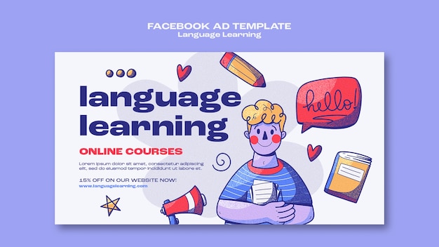 Bezpłatny plik PSD ręcznie rysowane szablon do nauki języka na facebooku