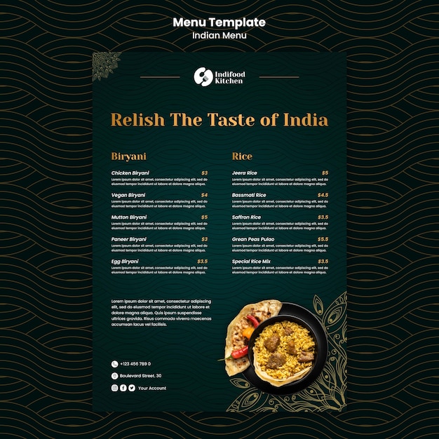 Bezpłatny plik PSD ręcznie rysowane szablon menu indyjskiego