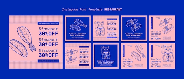 Ręcznie rysowane szablon postów na instagramie azjatyckiej restauracji