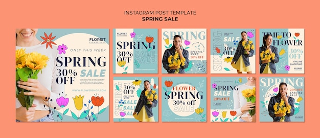 Bezpłatny plik PSD ręcznie rysowane szablon postów na instagramie wiosennej sprzedaży