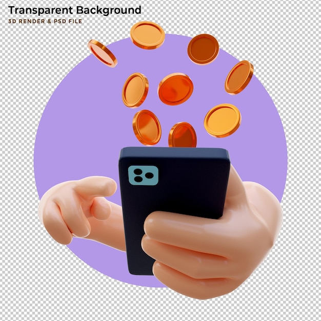 Bezpłatny plik PSD ręka biznesmen trzyma makiety smartphone otoczony złotą monetą na niebieskim tle, ręka pokazuje pusty telefon komórkowy. renderowania 3d.