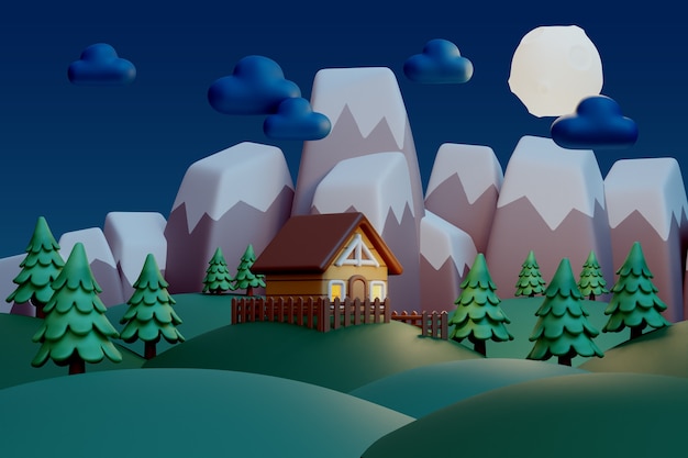 Renderowanie 3D ilustracji nocnego krajobrazu