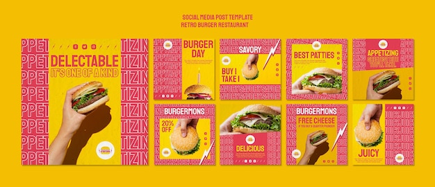 Bezpłatny plik PSD retro burger restauracja social media post