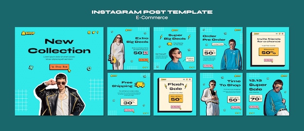 Bezpłatny plik PSD retro zestaw postów na instagramie e-commerce