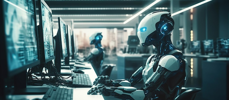Bezpłatny plik PSD robot pracujący w nowoczesnym biurze z prawdziwymi ludźmi generative ai