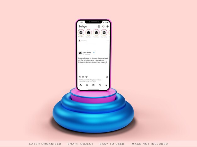 Różowy iphone na ekranie instagram psd makieta