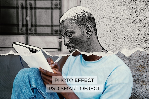Bezpłatny plik PSD rysunek ołówkiem na rozdarty papierze projekt efektu fotograficznego