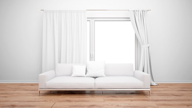 Salon z minimalistyczną sofą i dużym oknem z białymi zasłonami