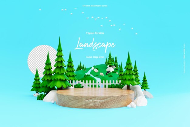 Scena podium na szablonie tła krajobrazu zielonej doliny z uroczymi sosnami ilustracja 3D