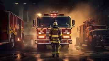 Bezpłatny plik PSD scena strażaka i wozu strażackiego generative ai
