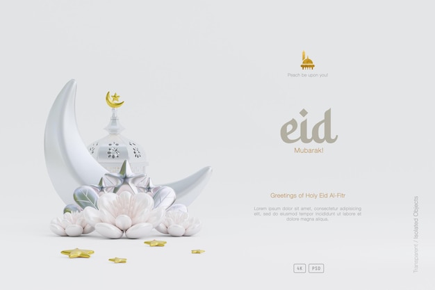Bezpłatny plik PSD Śliczne tło powitania eid al fitr ozdobione 3d półksiężycem i kwiatami
