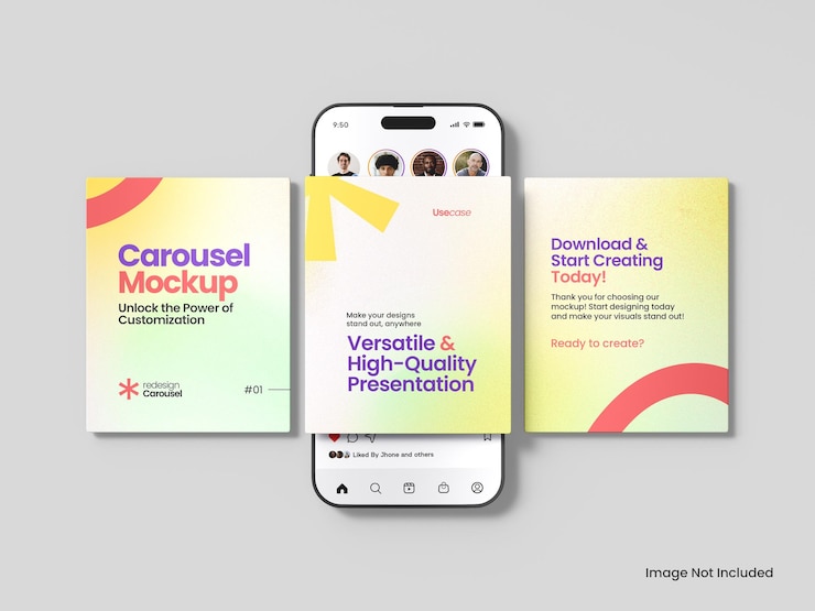 Bezpłatny plik PSD smartphone i caroseul mockup postów na instagramie