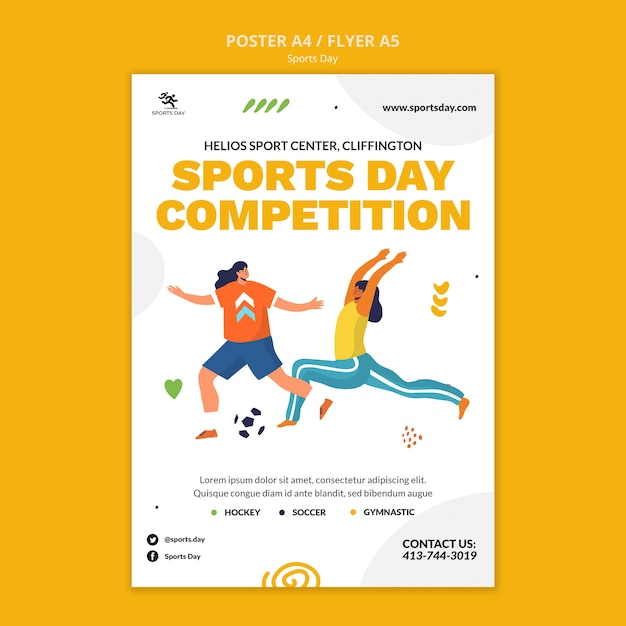 Sportowy pionowy plakat szablon z osobami uprawiającymi sport