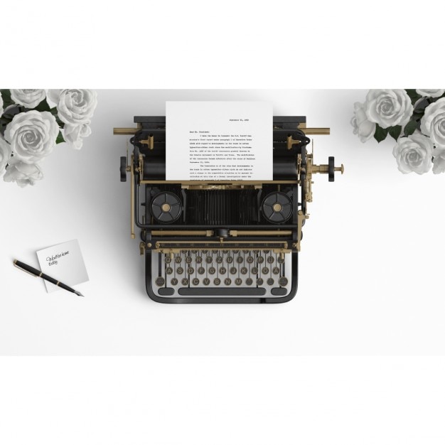 Bezpłatny plik PSD stare maszyny do pisania na pulpicie z białych róż