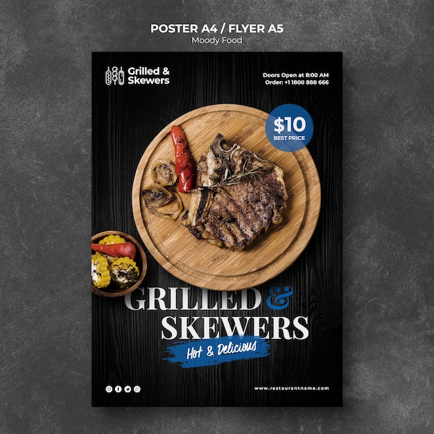 Bezpłatny plik PSD stek z grilla szablon plakat restauracji
