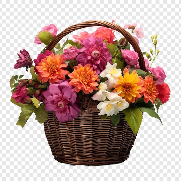 Bezpłatny plik PSD Świeże atrakcyjne kwiaty w wiklinowym koszu izolowanym na przezroczystym tle