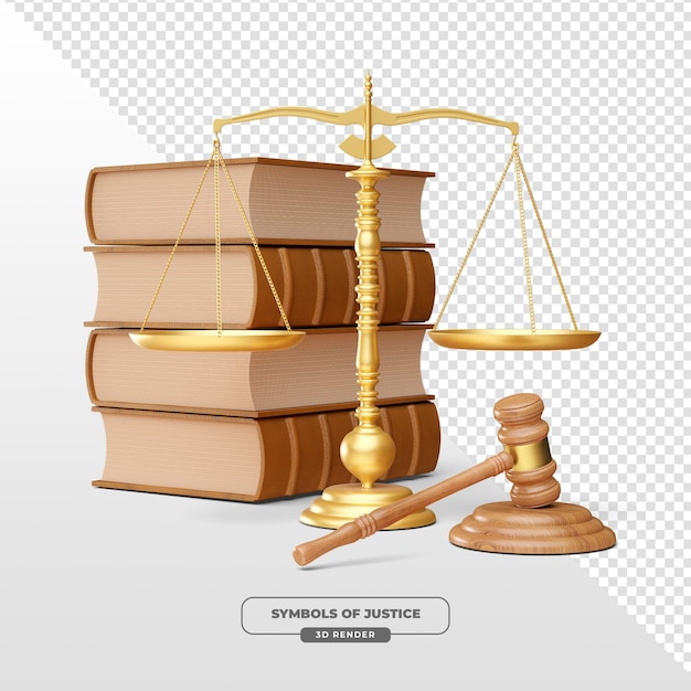 Symbole sprawiedliwości, wagi, książki i młot w renderowaniu 3D