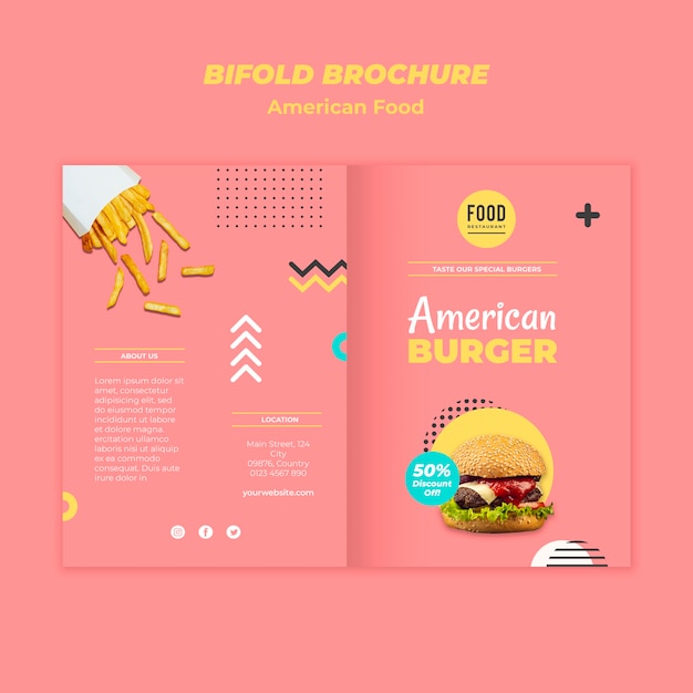 Bezpłatny plik PSD szablon broszury bifold do amerykańskiego jedzenia z burgerem