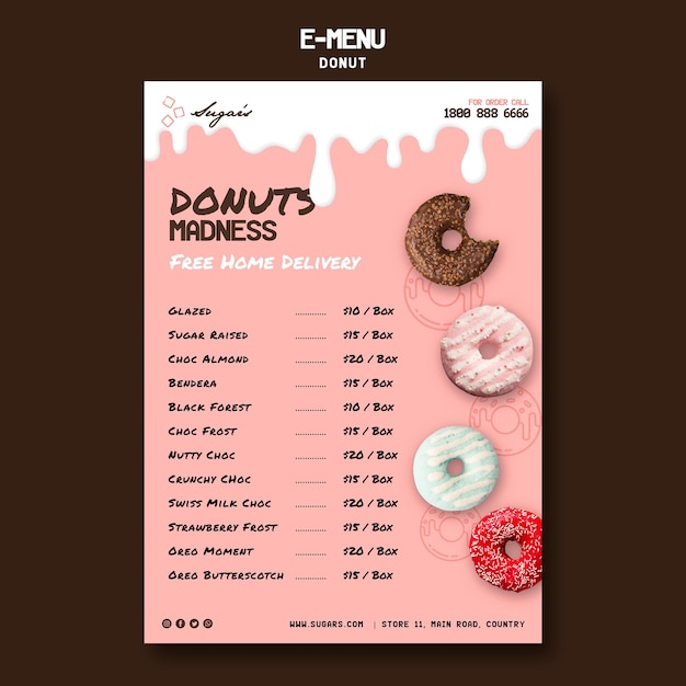 Bezpłatny plik PSD szablon e-menu donuts madness