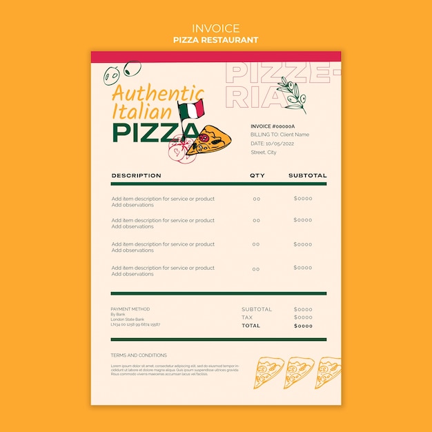 Bezpłatny plik PSD szablon faktury dla włoskiej pizzerii