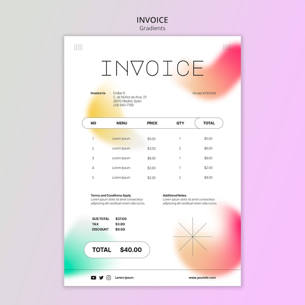 Bezpłatny plik PSD szablon faktury w stylu gradientu