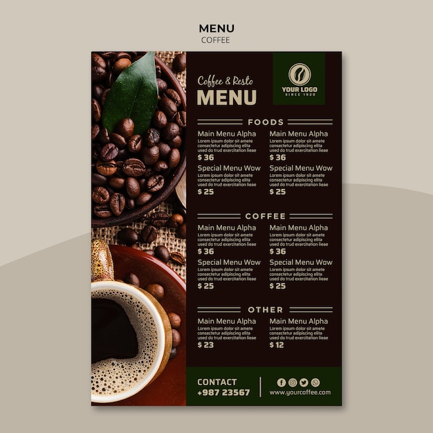 Bezpłatny plik PSD szablon menu smaczne kawy