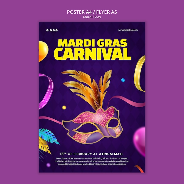 Bezpłatny plik PSD szablon plakatów z uroczystości mardi gras