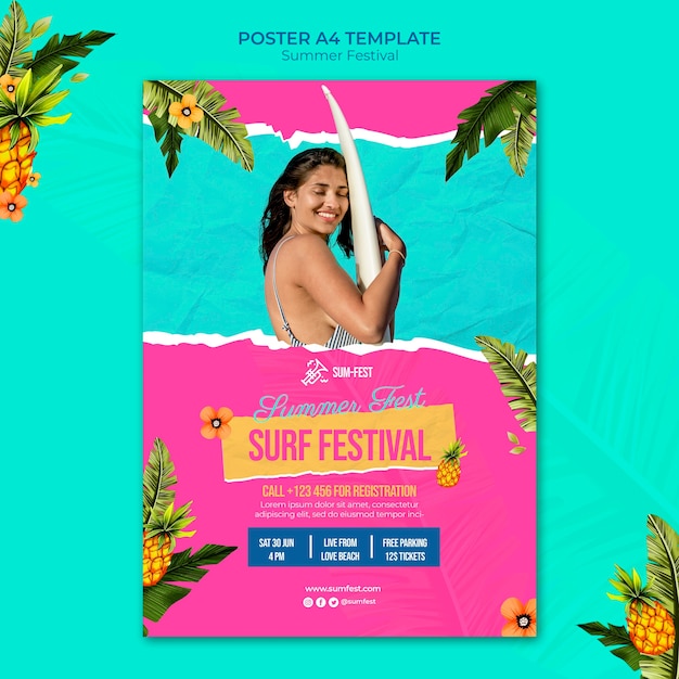 Bezpłatny plik PSD szablon plakatu festiwalu surfingu