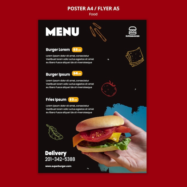 Bezpłatny plik PSD szablon plakatu menu pyszne burger