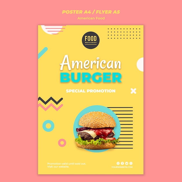 Szablon plakatu na amerykańskie jedzenie z burgerem