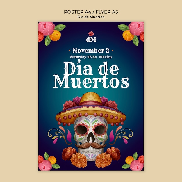 Szablon plakatu pionowego Dia de muertos