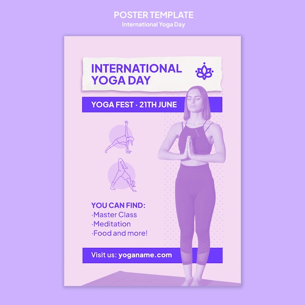 Bezpłatny plik PSD szablon plakatu pionowego międzynarodowego dnia jogi z osobą ćwiczącą jogę