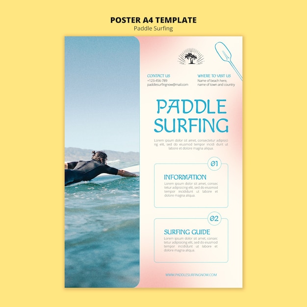 Bezpłatny plik PSD szablon plakatu pionowego surfingu wiosłowego