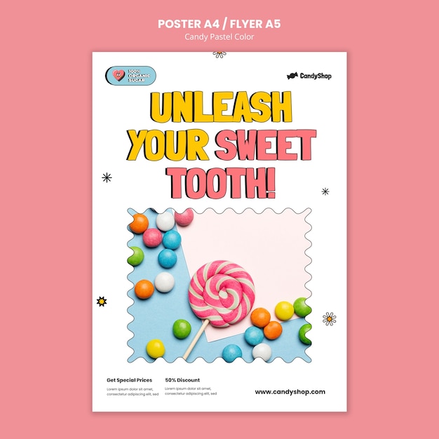 Bezpłatny plik PSD szablon plakatu w pastelowych kolorach cukierków