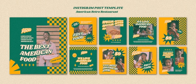 Bezpłatny plik PSD szablon postów na instagramie amerykańskiej restauracji retro