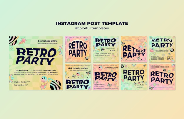 Bezpłatny plik PSD szablon postów na instagramie w stylu retro party