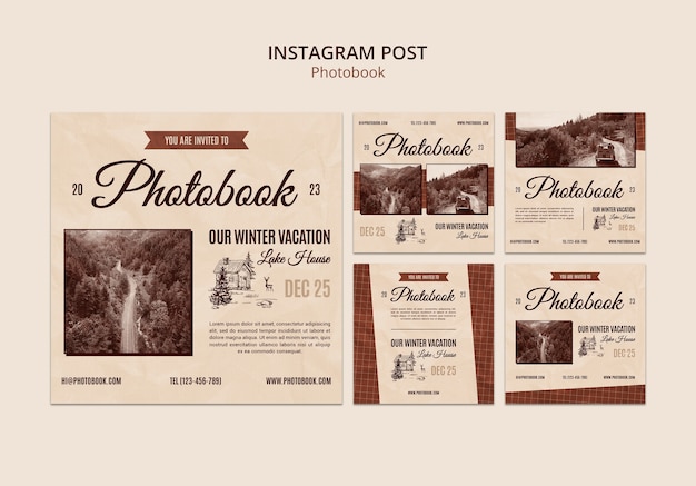 Bezpłatny plik PSD szablon postów na instagramie w stylu vintage fotoksiążki